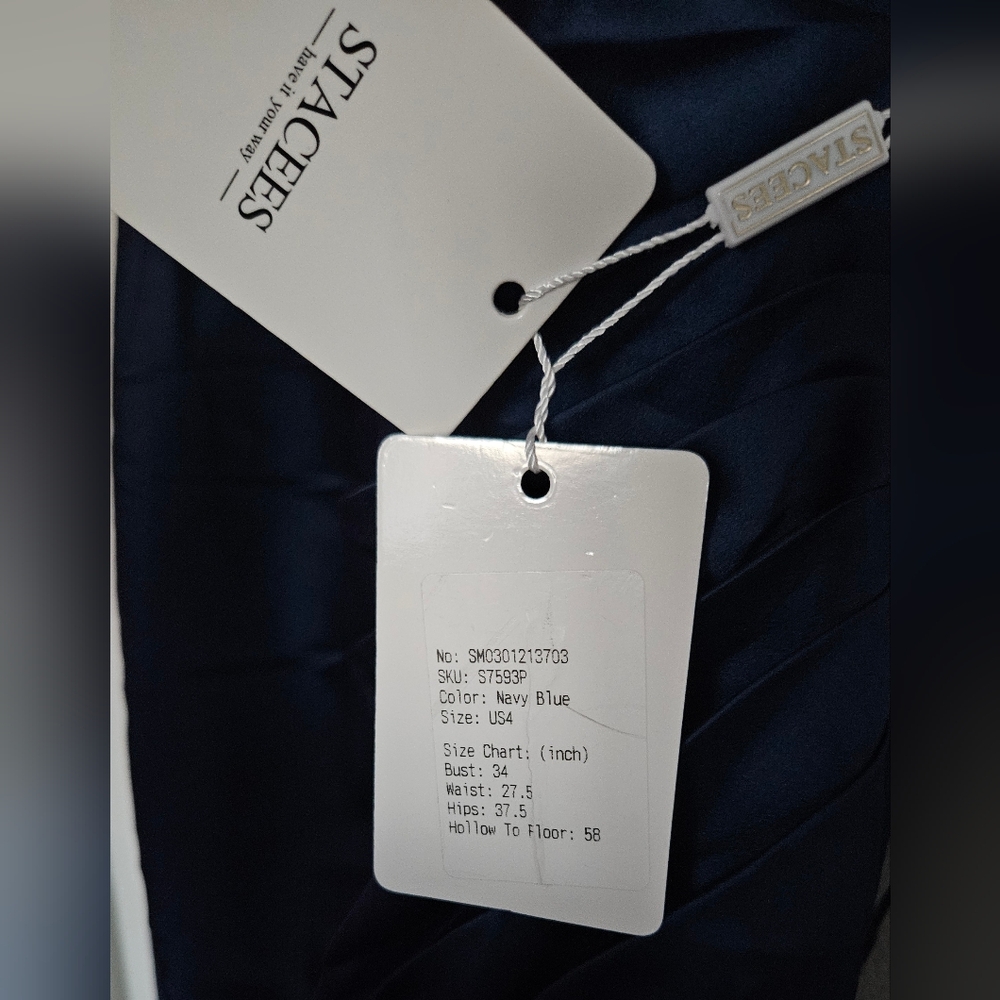 NWT Stacees navy Blue Mermaid Open Slit Square Neckline Sweep Train Satin Prom - Picture 8 of 8